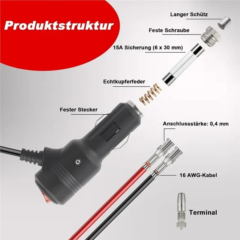 For Car, RV, Boat, Motorcycle Compatible-1M 12V/24V Cigarette Lighter Plug With Switch- 2-Pack 16AWG Extension Cable