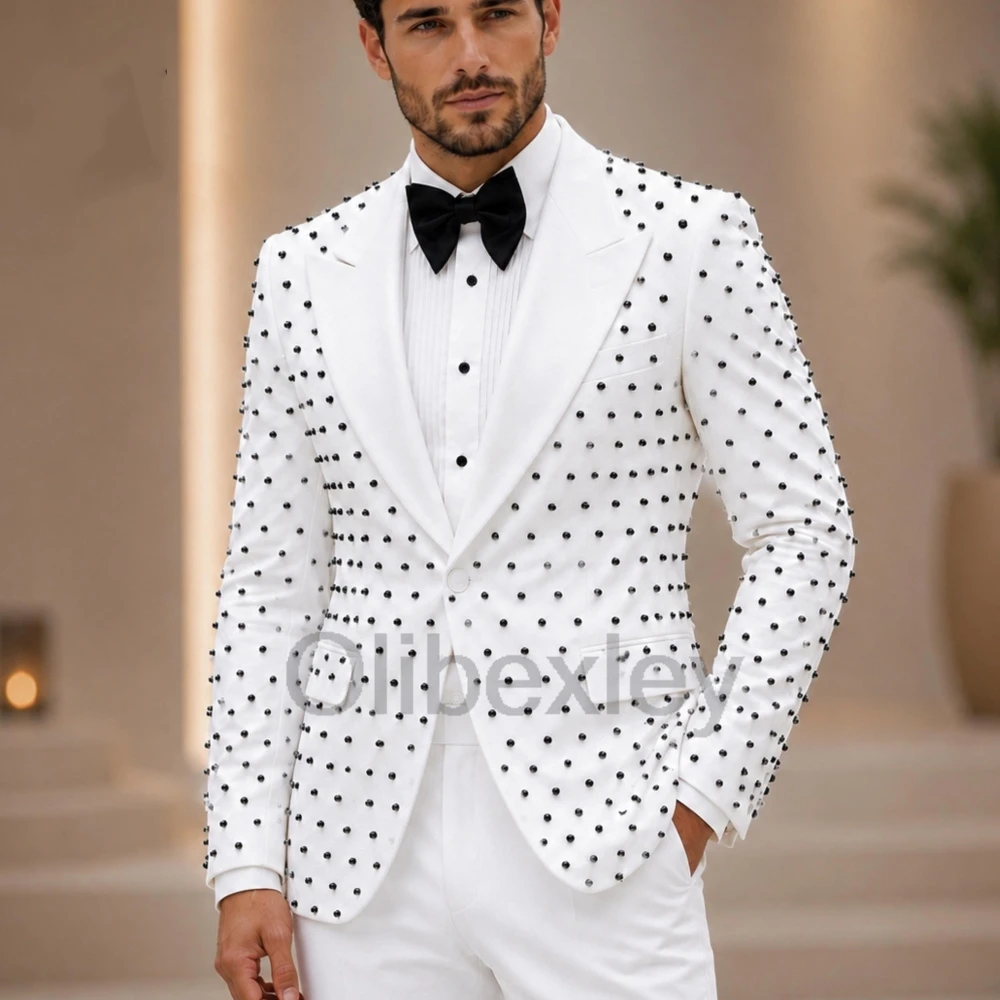 Olibexley Shiny White Diamond Beaded Men Suits 2 Pieces Sets Peaked Lapel Groom Tuxedos Male Party Prom Blazer Customized S346
