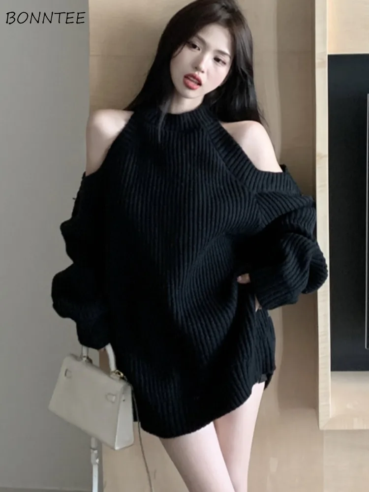 

Пуловеры женские сексуальные High Street Shopping Design с открытыми плечами шикарный корейский стиль вязаный однотонный простой повседневный теплый осень-зима