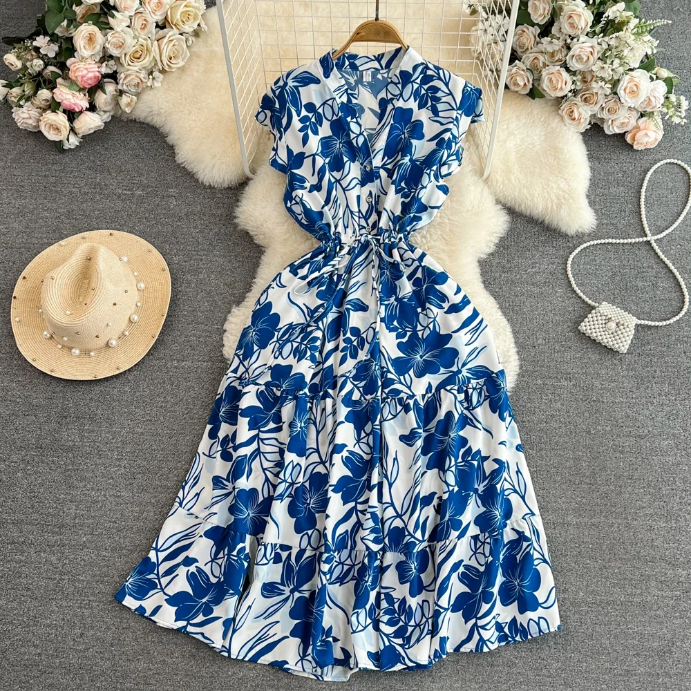 2026 Summer Women Floral Midi Dress Vintage V-Neck Ruffle Hem Elegant Single Breasted Vestidos Female Vacation Beach Robe New