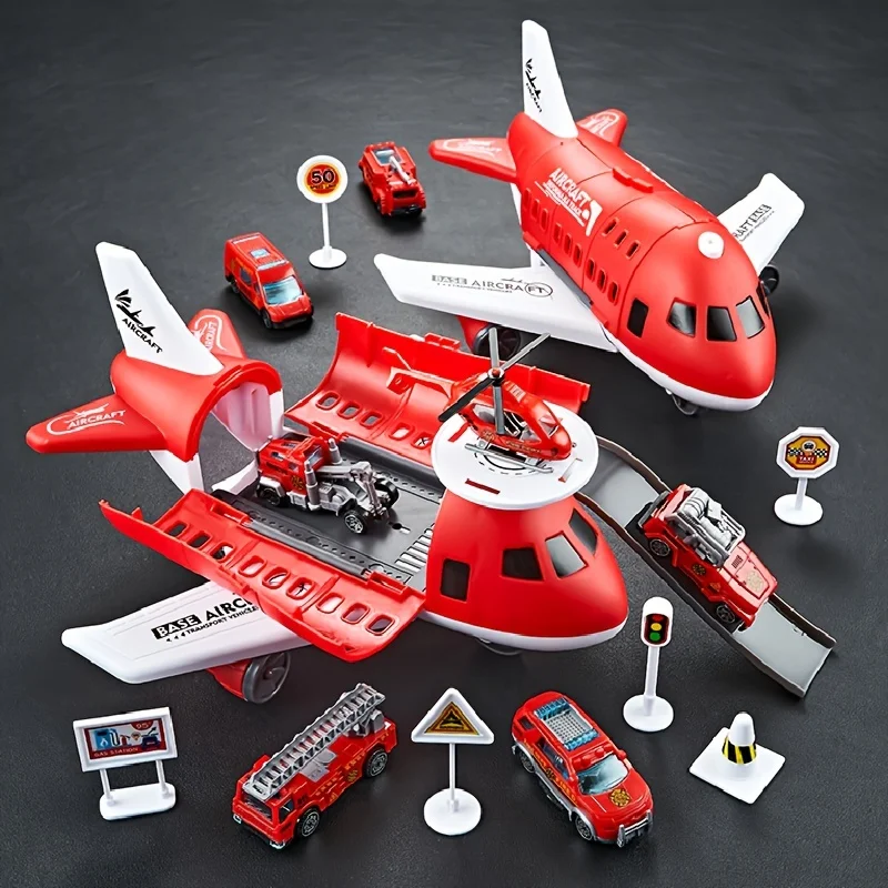 Avión de juguete para niños, modelo de avión inercial, equipado con 6 señales de carretera al azar, 3 coches, 1 helicóptero, regalo de Navidad