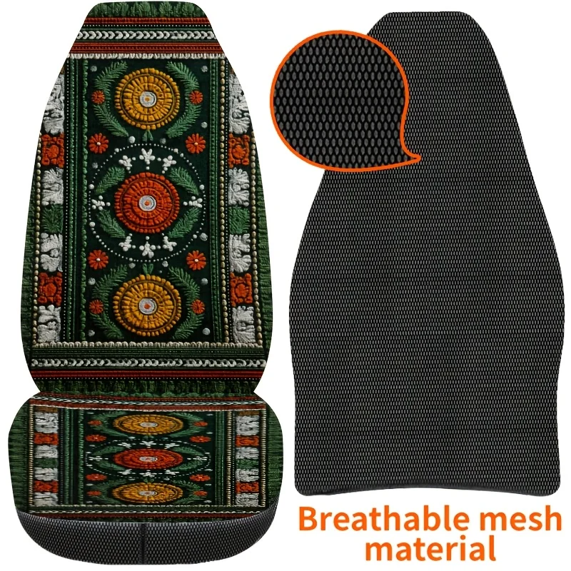 Two Bohemian Style Green Floral Print Car Seat Covers, Easy To Clean And Suitable For Both Men And Women, Fashionable Automotive