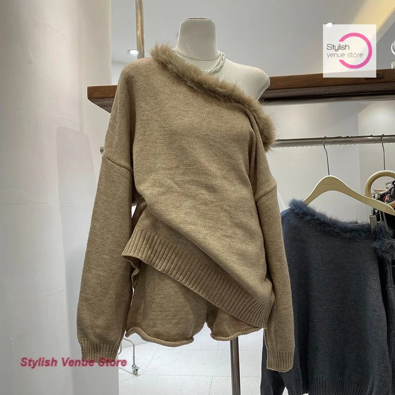 Korean version of sweet slanting collar off-the-shoulder lazy wind sweater knitted shorts two-piece women's winter furry suit