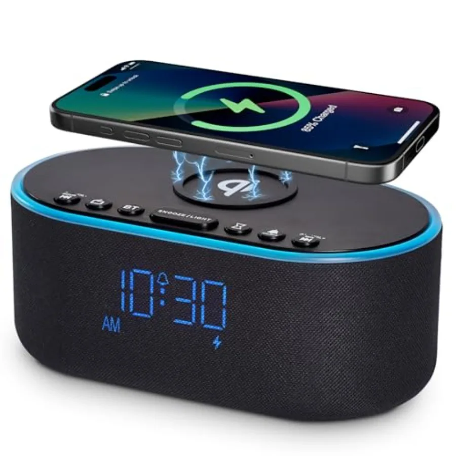 Wireless Charging Alarm Clock Radio: Qi Certified Fast Wireless Charger for iPhone Samsung 10W Stereo tooth Speaker Dimmable Di