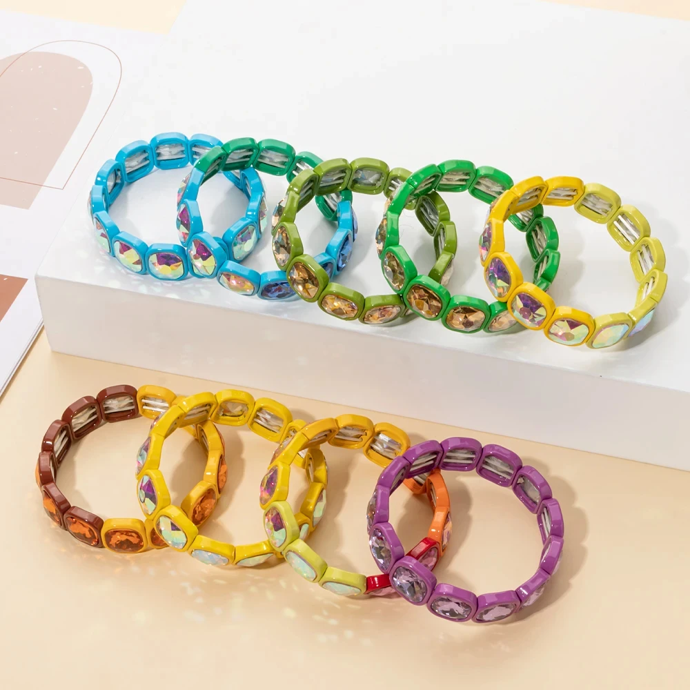 Colorful 15mm Crystal Elastic Bracelet Enamel Stretch Rhinestone Bangle Tile Bead Bracelet for Women Fashion Jewelry - view 3