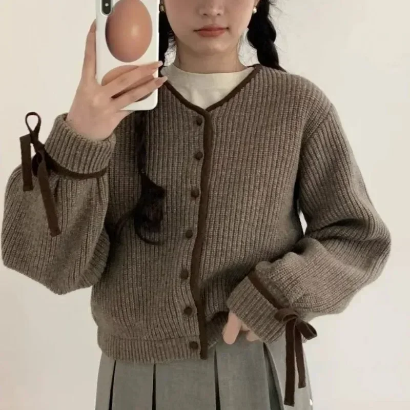 French Style Cardigan Sweet Bow Knitted Sweater Coat Knitwear Casual Simple Solid Women Clothes  2024 Autumn Winter Warm Tops