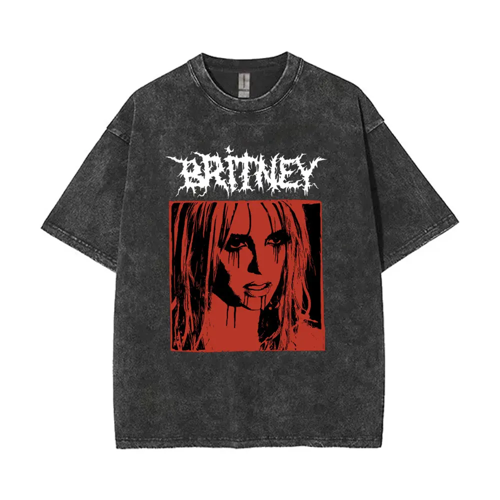 Britney Spears Metal Rock Style Washed Vintage T-shirt Men Women Hip Hop Fashion T Shirts Unisex Oversized T-shirts Streetwear