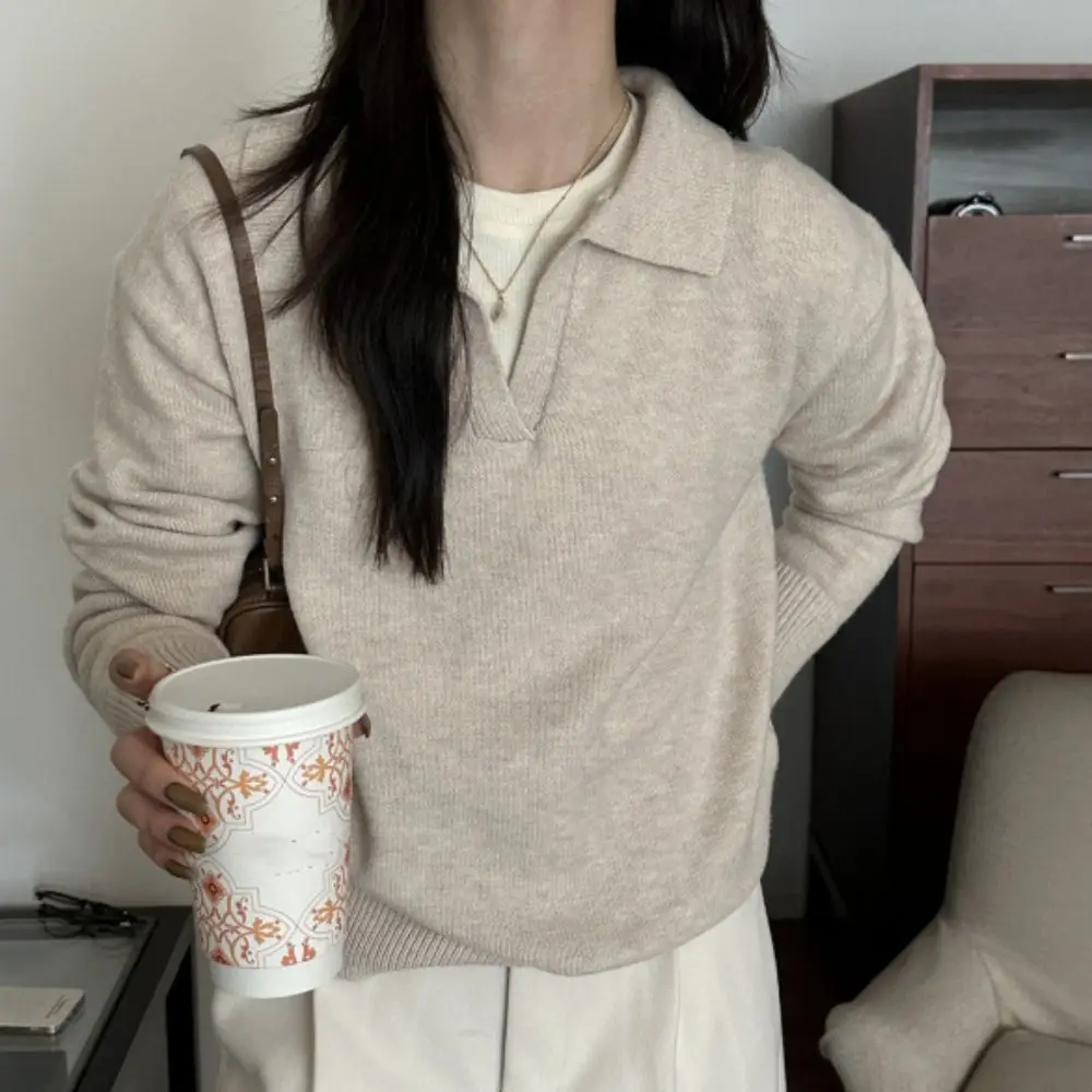 

Comfortable Solid Color Flip Collar Cardigans Ins Simple Long Sleeved knitwear Pullover Loose Knitted Top for Women Autumn