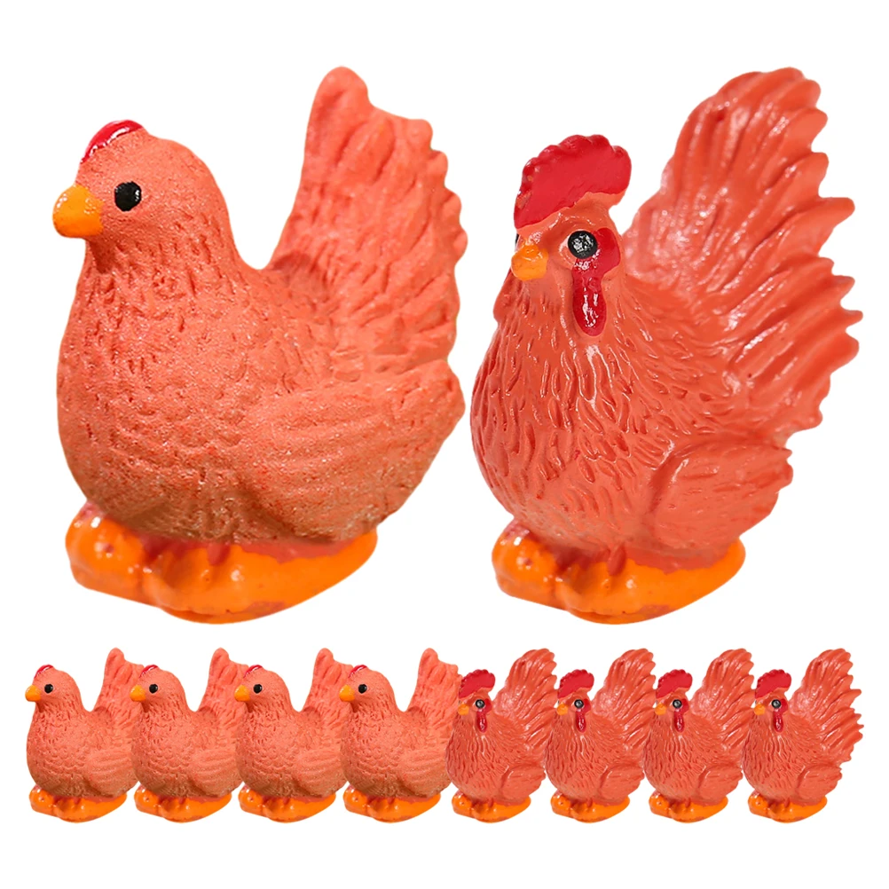 

10 Pcs Rooster Hen Ornaments Adorable Chicken Figurines Miniatures Chickens Figures Model Cock Statue Resin Retro