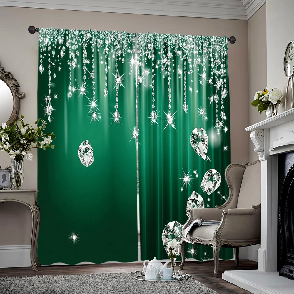 2pcs, 2D flat printing Window Curtains Diamond Gems Green Sparkle Illustration Versatile Durable Polyester,Without Electricity