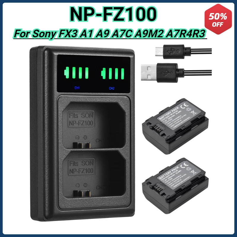 

2280mah NP-FZ100 NPFZ100 NP FZ100 Battery + LED Charger for Sony A6600 A7m3 A7M4 A7r3 A9 A9M2 A7R A7 A7c A7r4 Camera Batteria