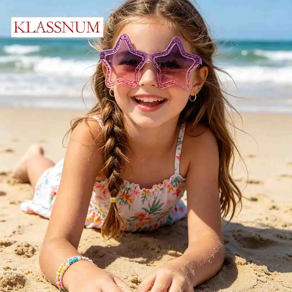 KLASSNUM Novelty Pentagram Sunglasses Children Girls Gradient Pink Blue Star Shades UV400 Y2K Cute Kawaii Party Goggles