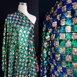 High-end brand shell shape green gold square check sequin fabric performance dress bead fabric