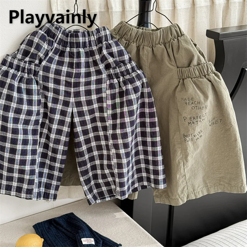

Korean Style Girls Wide Leg Pants Spring Autumn Green Letter Plaid Big Pocket Loose Flare Pants Children Fashion Trousers A6011