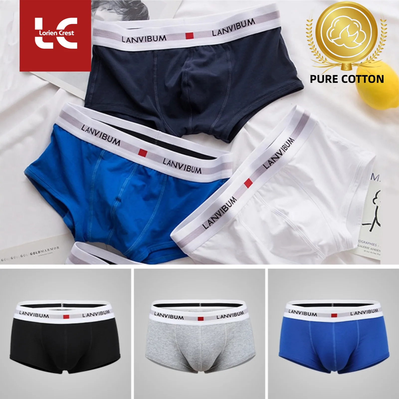 

3pcs【LORIEN CREST】Men’s Low Waist Cotton Boxer Briefs U-Convex Pouch, Breathable, Soft Underwear for Men