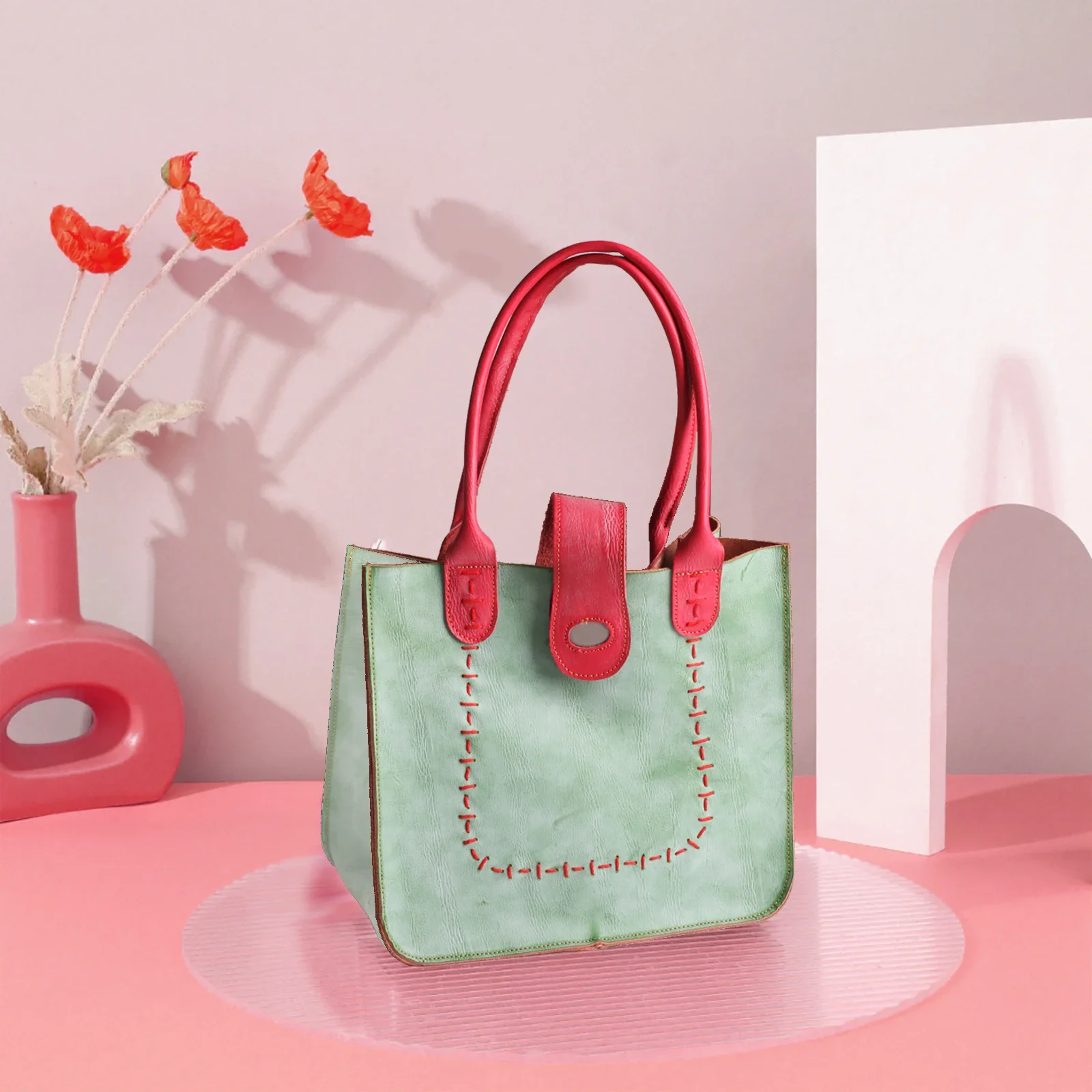 

Genuine Leather Handsewn Solid Color Minimalist Handbag