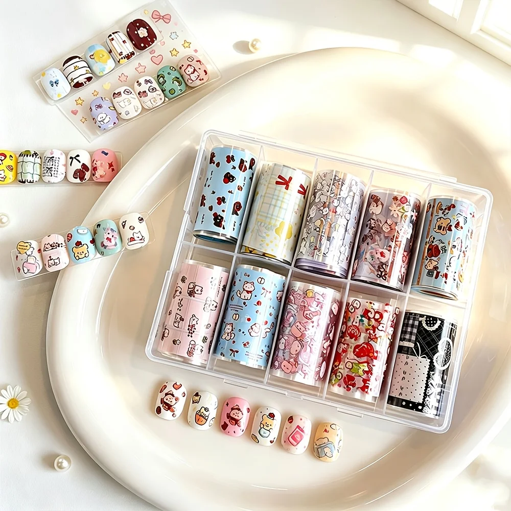 10 Rolls of Cartoon Nail Art Transfer Stickers in a Box, New Trendy Designs with Hearts, Bows, and Little Bears, DIY Graffiti Nail Art Tools, Transfer Paper