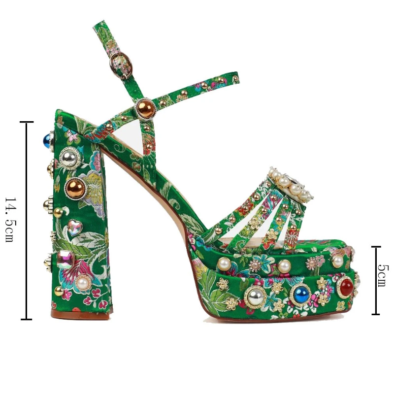 

2023 Summer Satin Rhinestone Gem Sandals 14.5cm High Heel Open Toe Thick Heel Platform Shiny Women's High Heel Shoes Size34-43