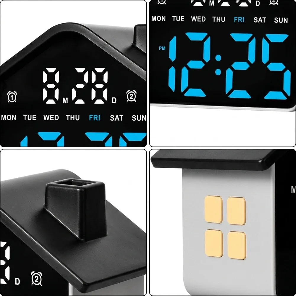 LED Alarm Clock Resembling a House with Night Light for Time Date Day Week Alarm Timer for temp Switch F C 4 Level Brightness