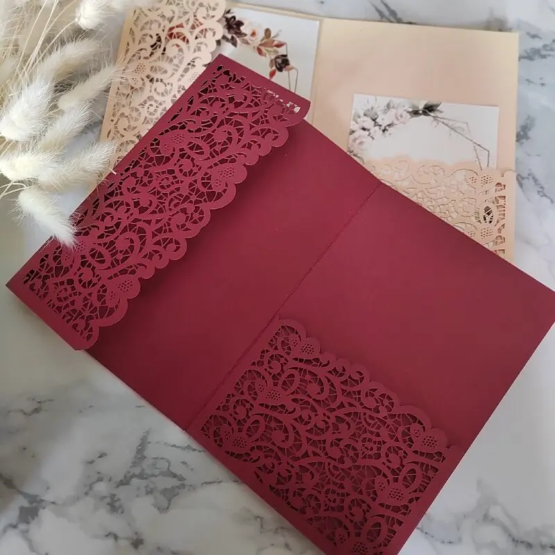 50pcs Wedding Invitation Envelope Pocket Laser Cut Wedding Invitation Cover with RSVP pocket Custom Color