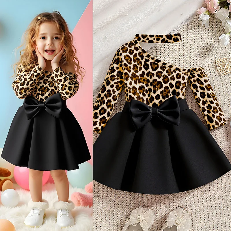 2026 European and American Children Skirt Personalized Diagonal Shoulder Hanging Neck Long Sleeve Top Bow Lotus Leaf Skirt Set