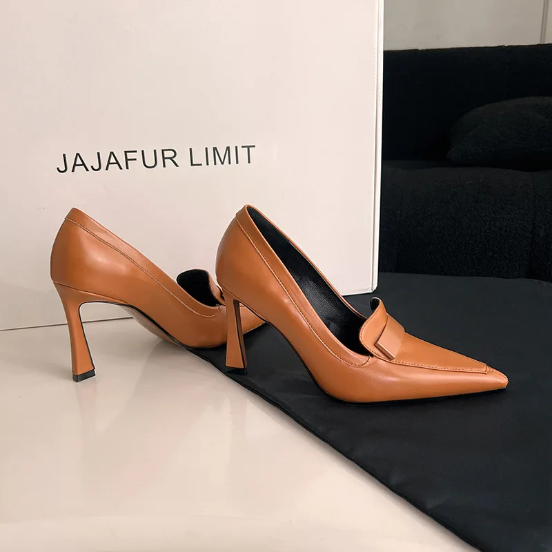 

Arden Furtado Spring Orange cowhide Single shoe Pointed toe Pull-on Stiletto heel Pumps Retro style high-heeled shoes large size