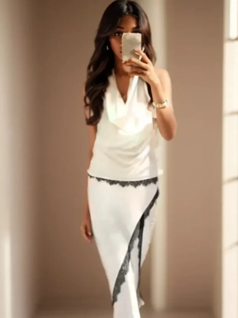 

Темпераментные юбки, костюм, новинка 2025, модные кружевные атласные топы без рукавов с воротником, длинные юбки миди для женщин, комплекты из двух предметов