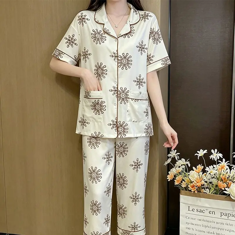 Women's Satin Pajama Set, Short Sleeve Long Pants Snowflake Print Lapel Collar Button Down Sleepwear Loungewear Pyjamas Pijama