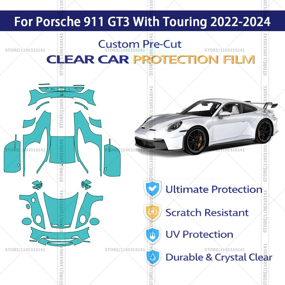 

For Porsche 911 GT3 With Touring 2022-2024 Pre-Cut Paint Protection Film PPF Transparent Car Film Professional Automotive PPF