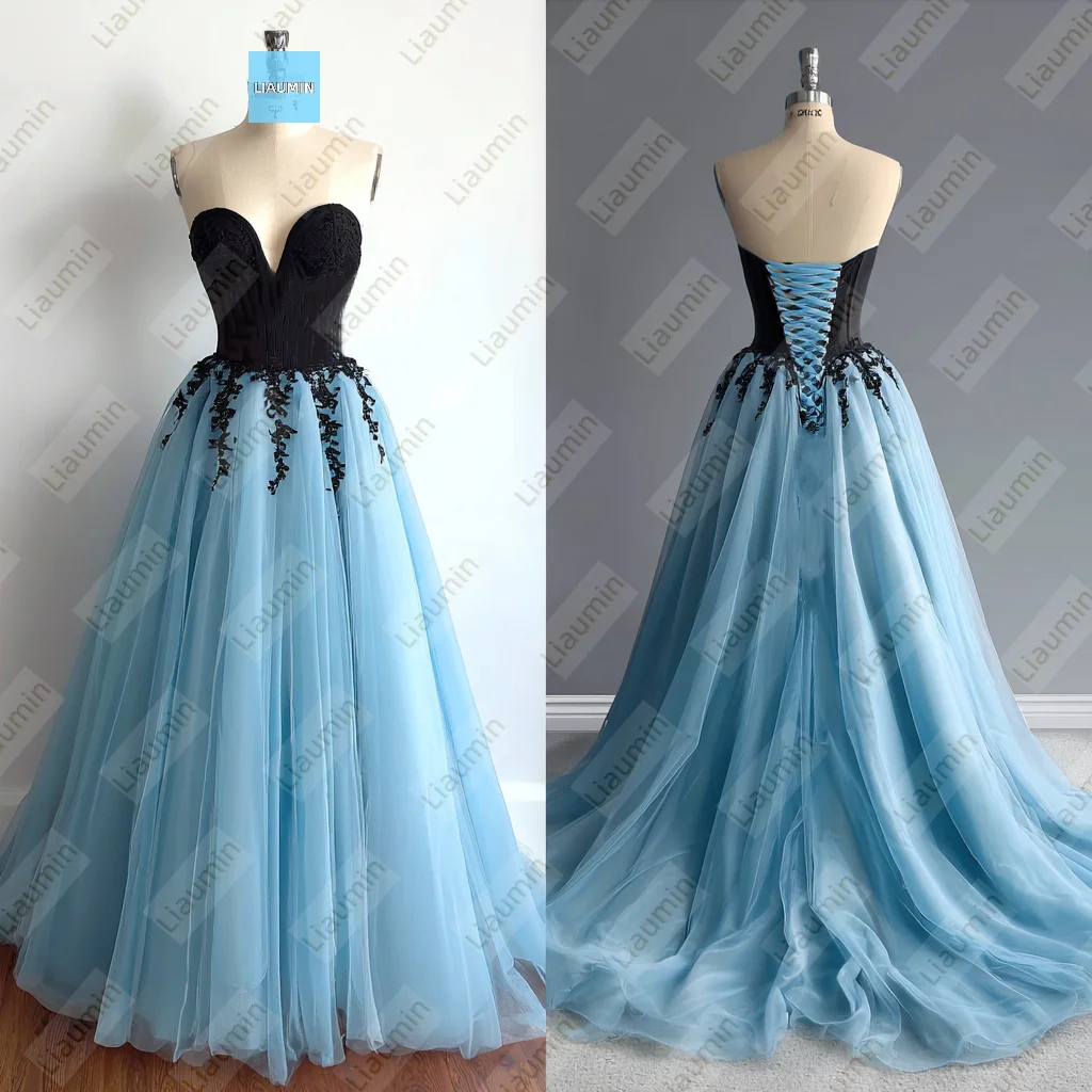 

Blue Tulle Black Lace Applique Strapless Full Length Evening Prom Wedding Formal Dress Lace-up Back Customized Made A7-1.82