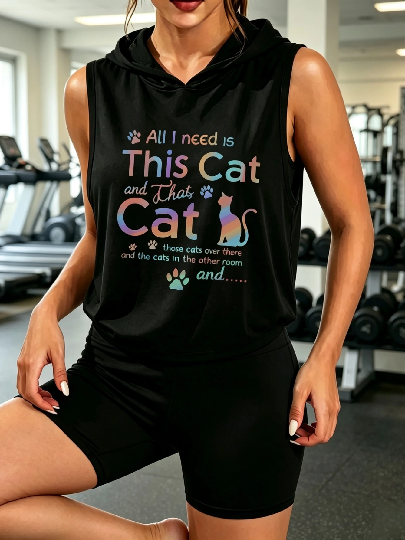 Women All I Need Is This Cat And That Cat Graphic Sleeveless Hooded Tank Top High Waist Biker Shorts 2 Piece Workout Set Cat Lover Athletic Tracksuit