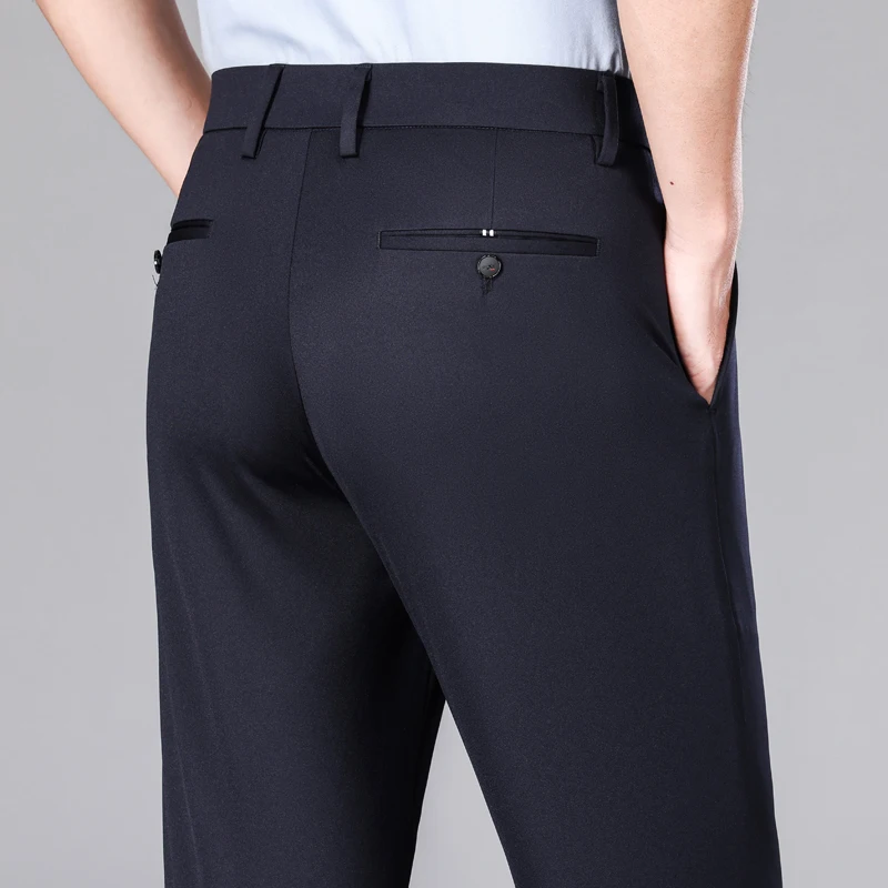 New Summer Casual Brand Men Stretch Smooth Trousers Male Elastic Waist Korean Classic Thin Black Blue Business Office Suit Pants