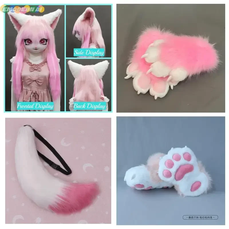 Kigurumi-Costume de fourrure de tête, accessoires de fursuit, masque de beurre Rubbit trempé, gants de tête, chaussures de queue