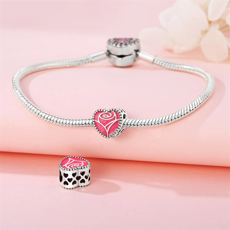 Diy Jewelry 925 Sterling Silver Heart-shaped Pink Rose Charm Bead Fit Original Pandora Bracelet Women Wedding Evening Party Gift