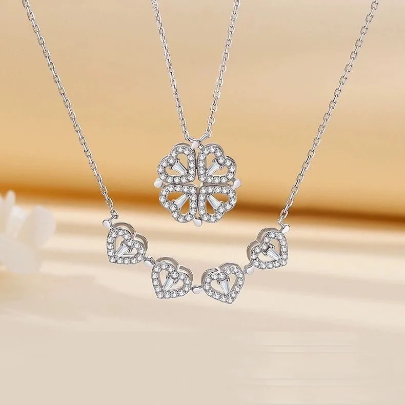 Diamond Inlaid Moissanite S925 Silver Heart-shaped Clover Combination Necklace Jewelry Choker Luxury Design for Girls Gift