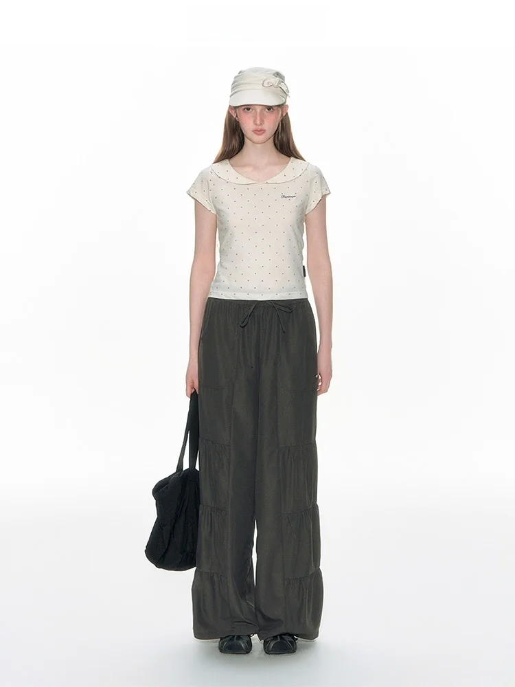 

TAKEANAP, летняя оригинальная футболка с кукольным воротником в горошек, женская футболка с поясом, утягивающий топ для девочек