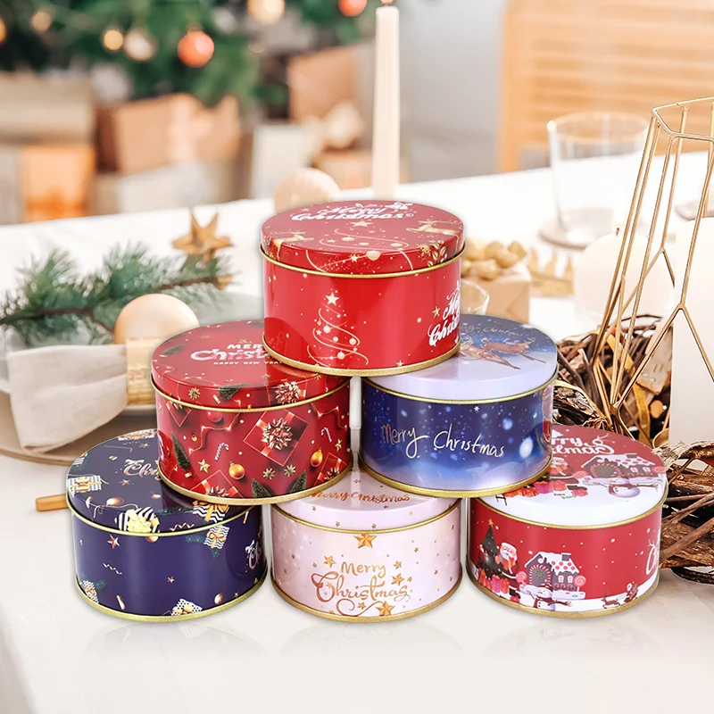 1PC Christmas Candy Tin Round Cartoon Santa Claus Elk Letter Printed Tinplate Boxes Xmas Candy Cookie Chocolate Small Gift Boxes images - 6