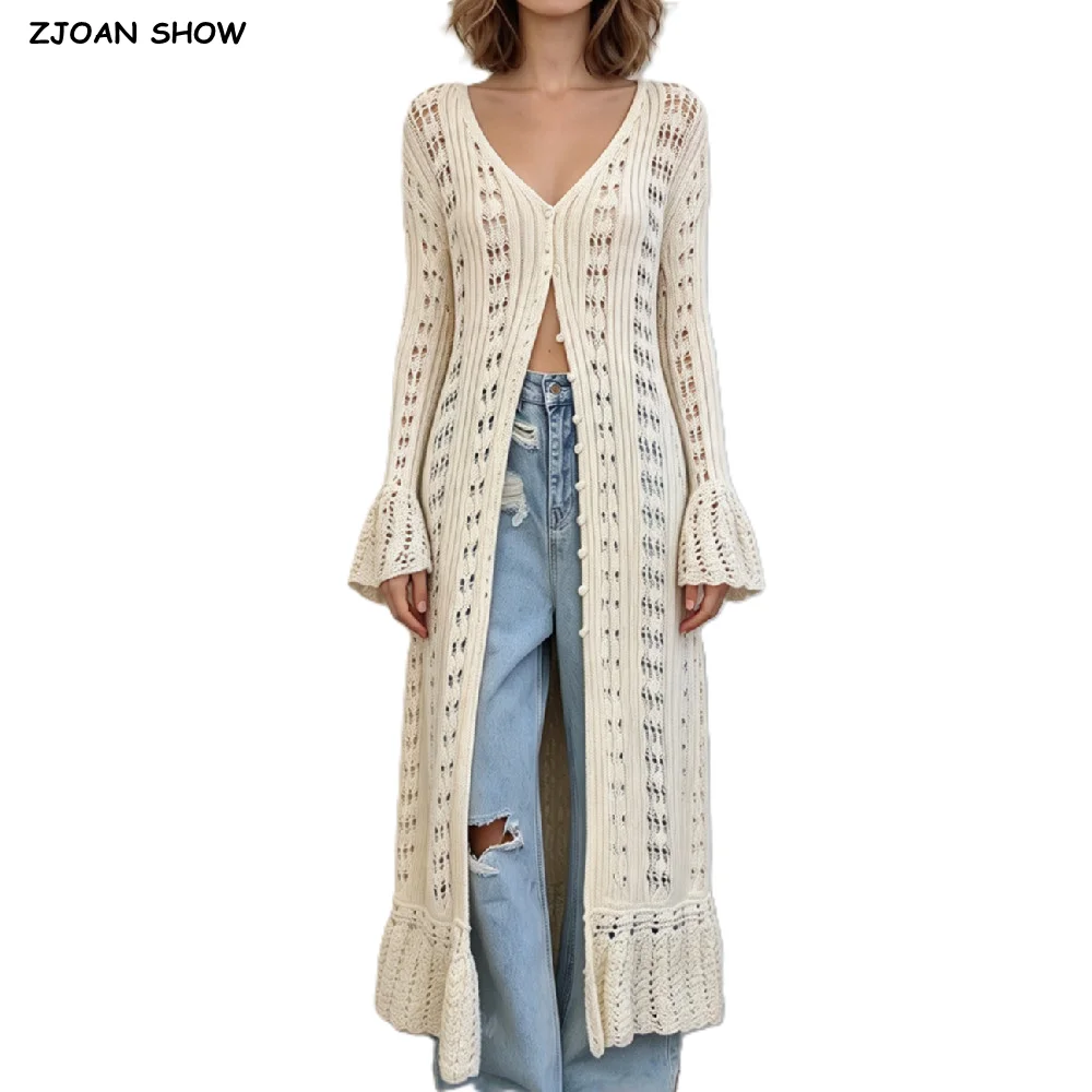 Autumn Women Beige Hollow Out Hole Knitted Midi Long Cardigan Flare Sleeve Ruffles Hem Single-breasted Buttons Sweater Knitwear
