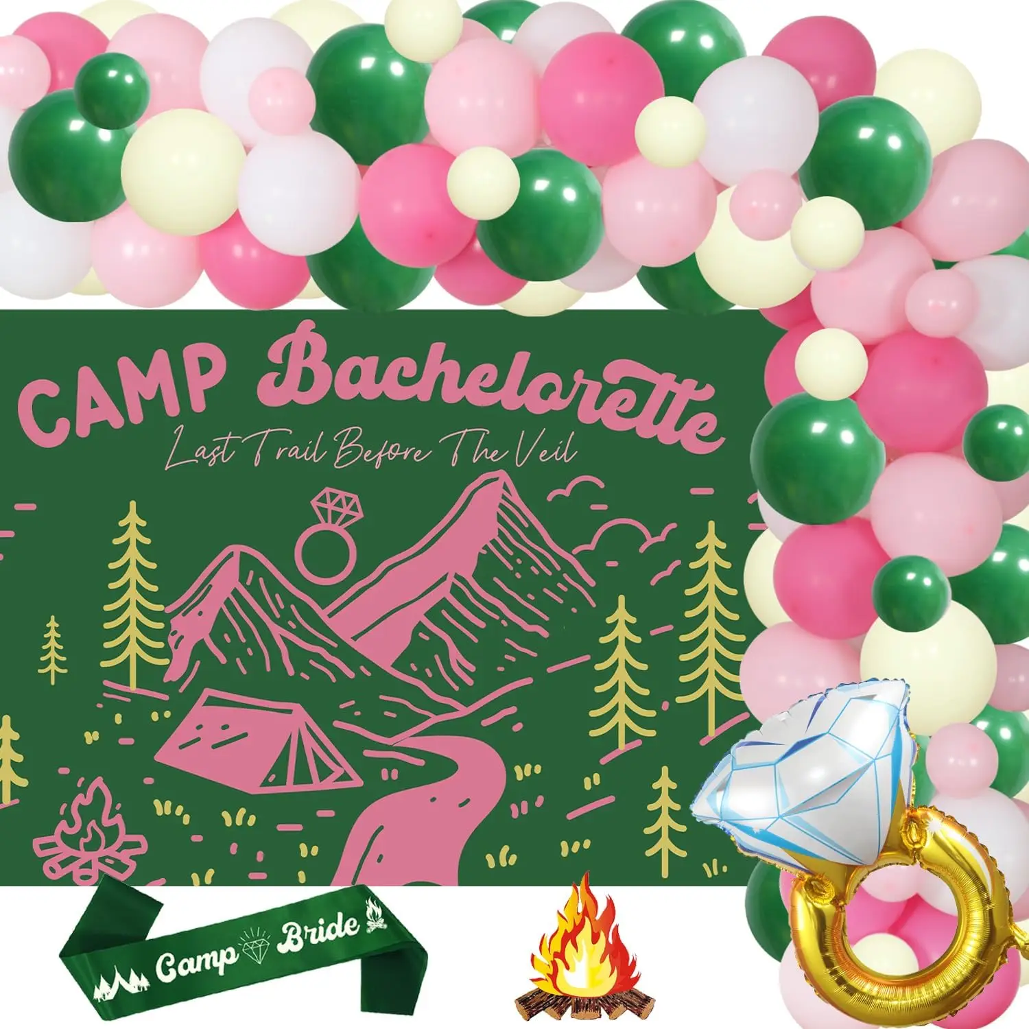 

Kreatwow Camp Bachelorette Party Banner Green Pink Camp Bride Sash Flame Ornament for Bridal Shower Party Decor Supplies