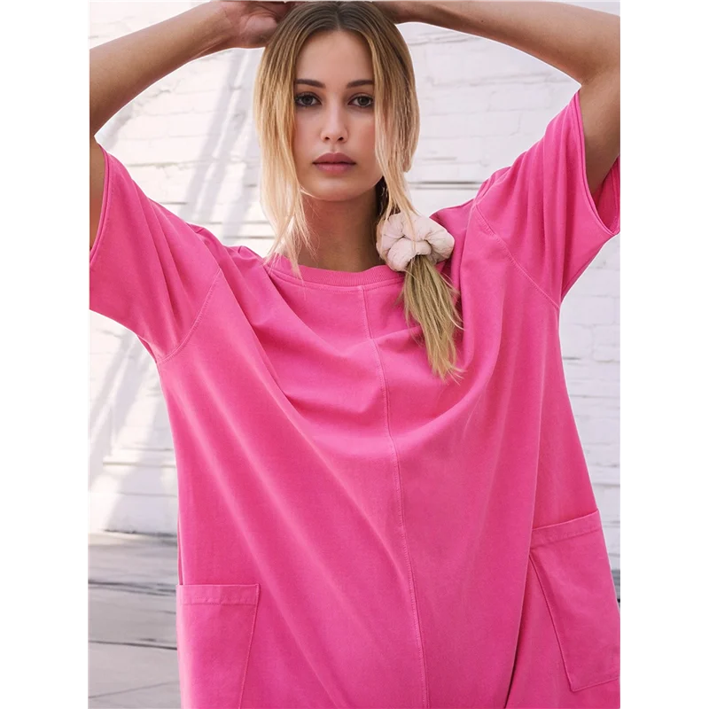 Women's Casual Summer T Shirt Dress Elastic Loose Short Sleeve Dress With Pocket For Women