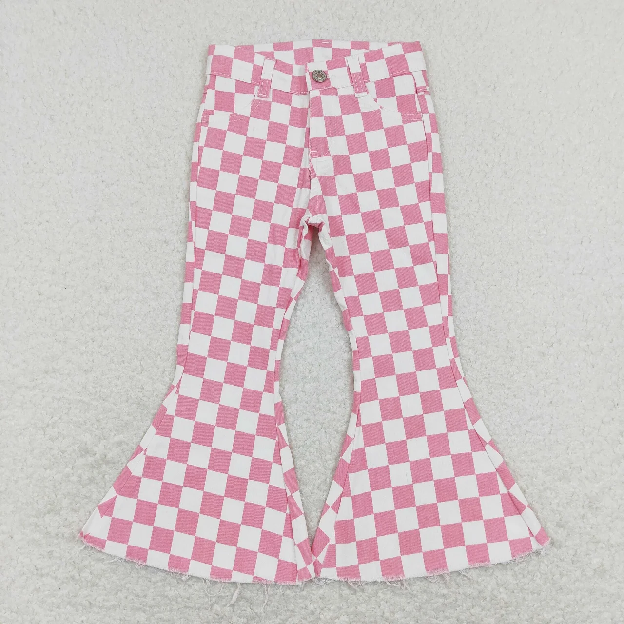 Wholesale Baby Girl Denim Bell Bottom Pocket Pants Trousers Kids Jeans Children Toddler Pink White Checkered Clothing