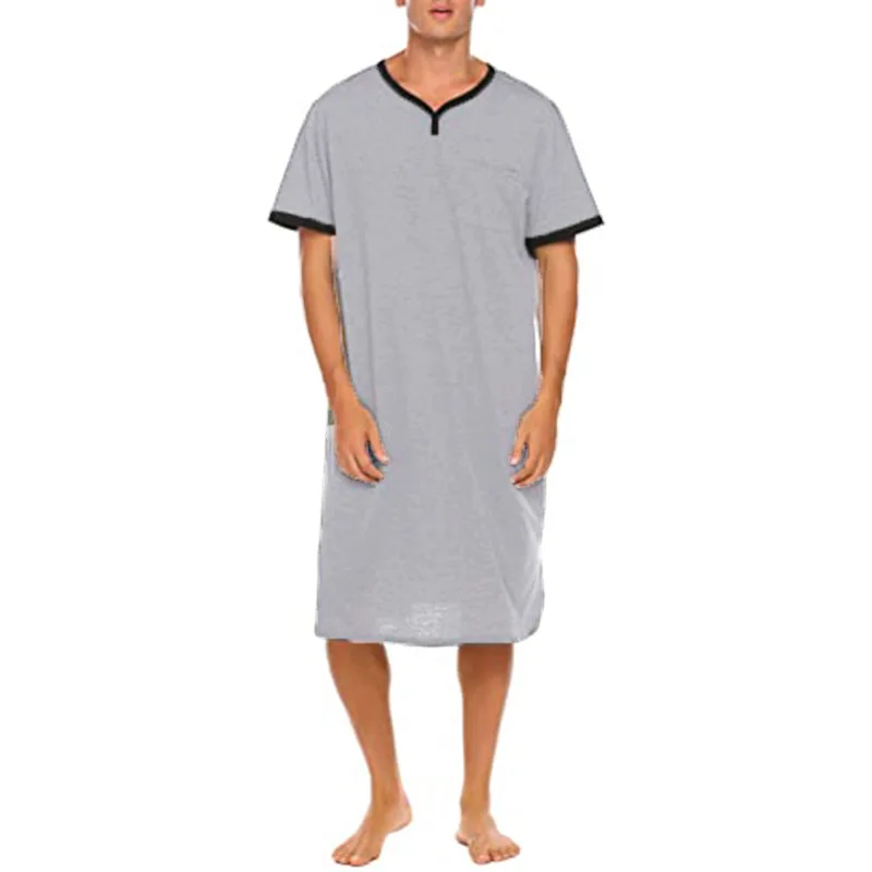 Men Sleep Robes Muslim Short Sleeve Solid Pajamas Sleepwear Pockets Cozy Cotton Vintage Homewear Nightgown Male Bathrobes