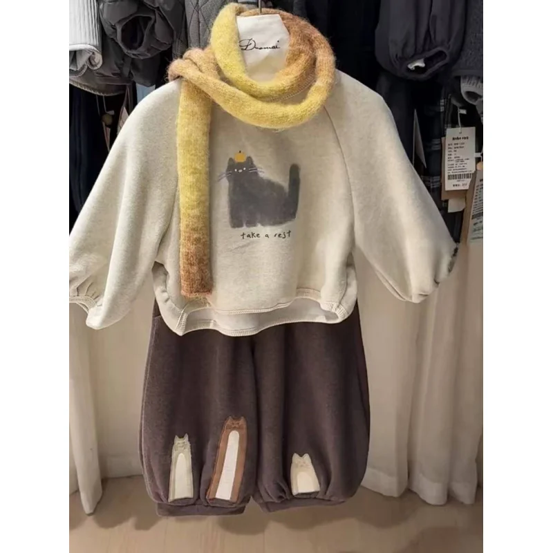 Children's Sweatshirt Set for Autumn and Winter2025New Stylish Baby Cartoon Print Thickened Top Children's Sweatpants