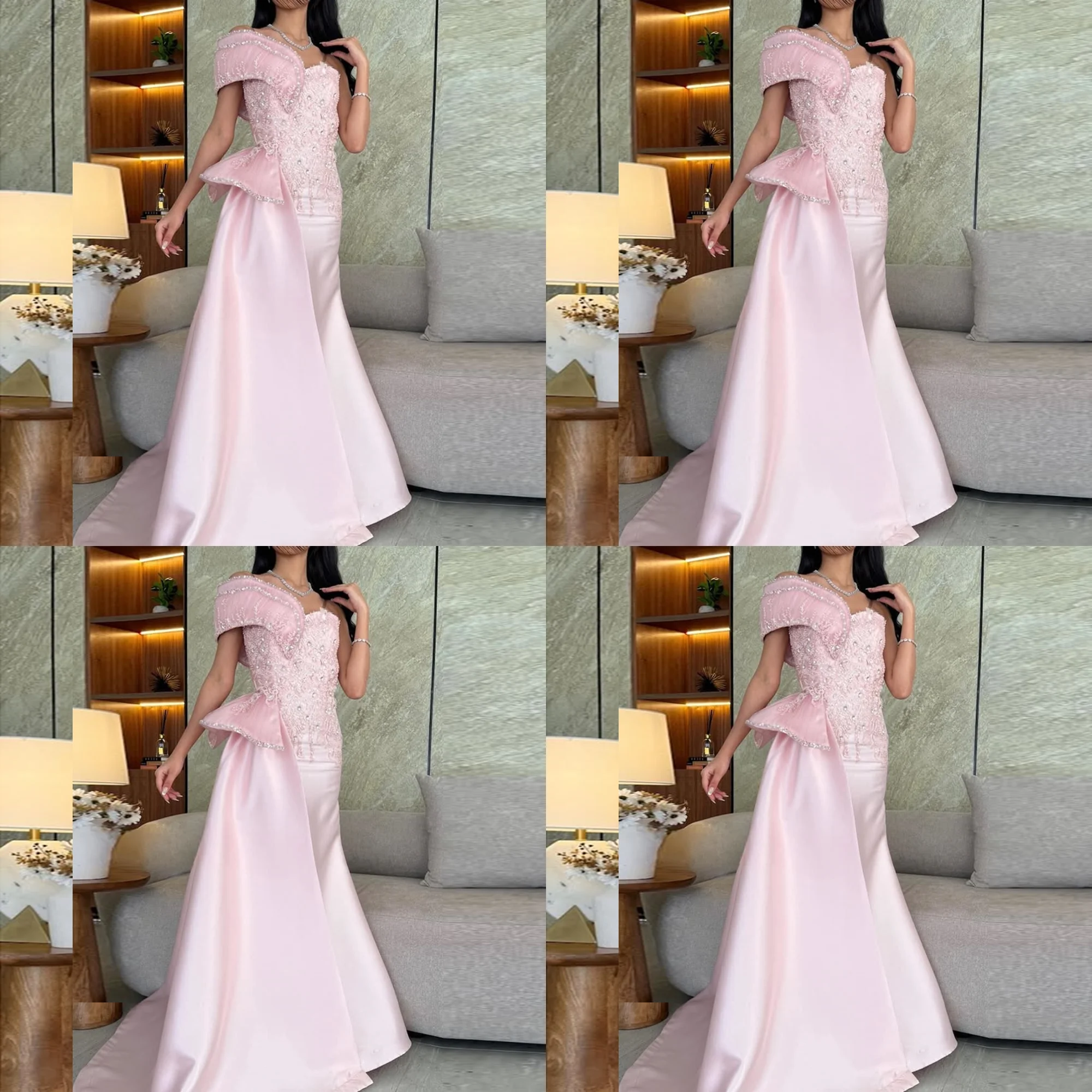

Graceful Sleeveless Satin Beaded Crystal Sheath Backless Formal Party Dress Ruched Long Evening Gown with Sweep Train Customized