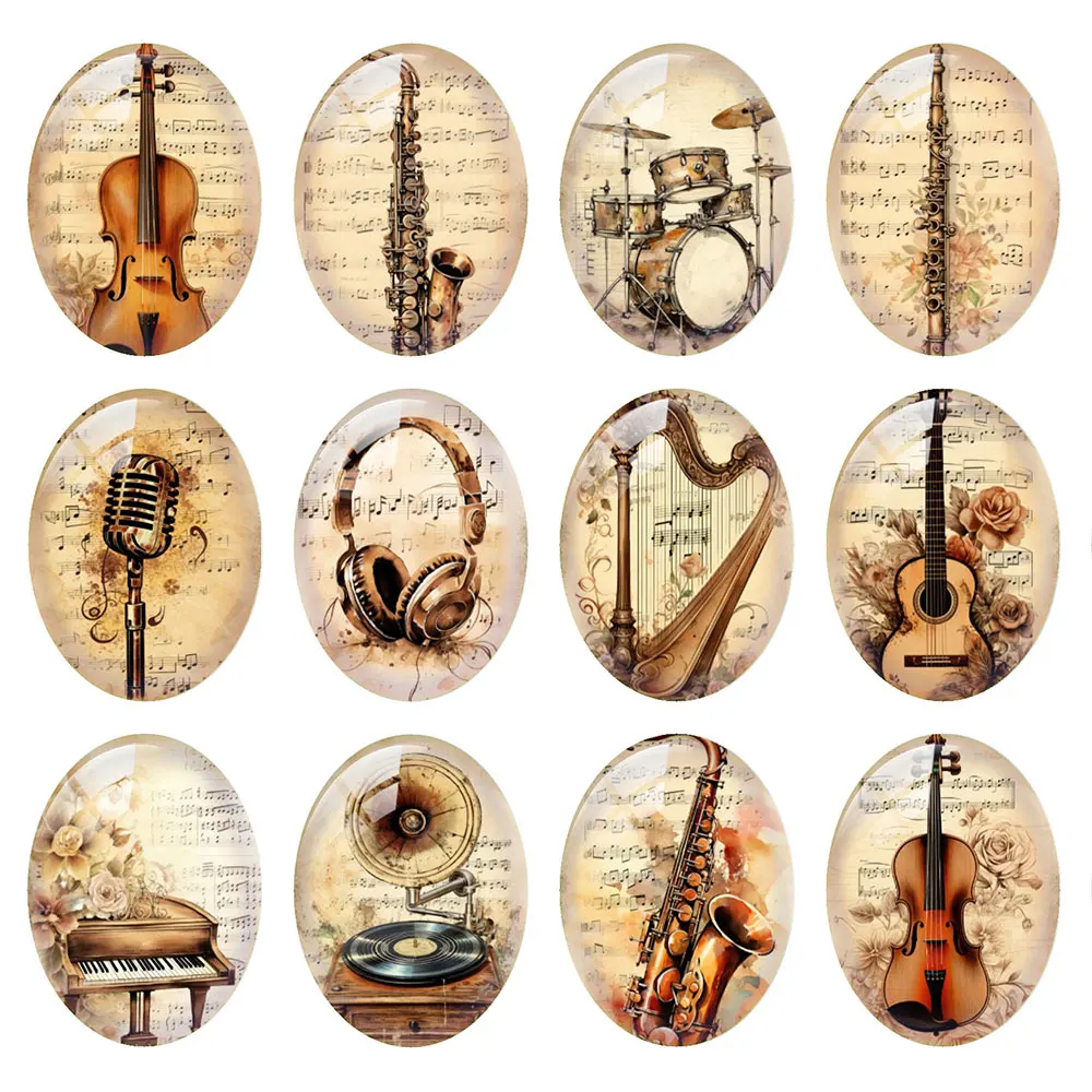 Random Mixed Round/Oval/Square Vintage Musical Instrument Photo Glass Cabochon Flatback Demo Cameo For Diy Jewelry Making