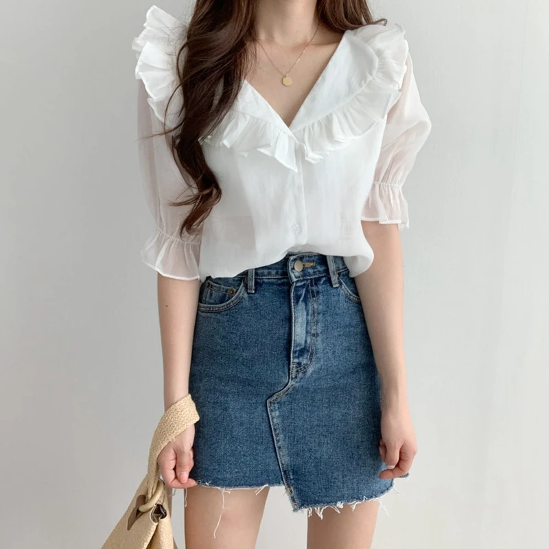 Summer Puff Sleeve Ladies Tops 2024 Vintage V Neck See Through Ruffles Blusa Mujer Korean Casual White Purple Chiffon Blouses