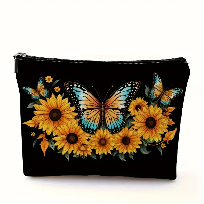 

A Sunflower And Butterfly Printed Makeup Bag - Cute Multifunctional Zipper Pouch For Women, Jewelry Storage Bag