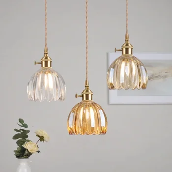 Vintage Flower Glass Pendant Lamp E27 Copper Pendant Light Home Decor Bedroom Bar…