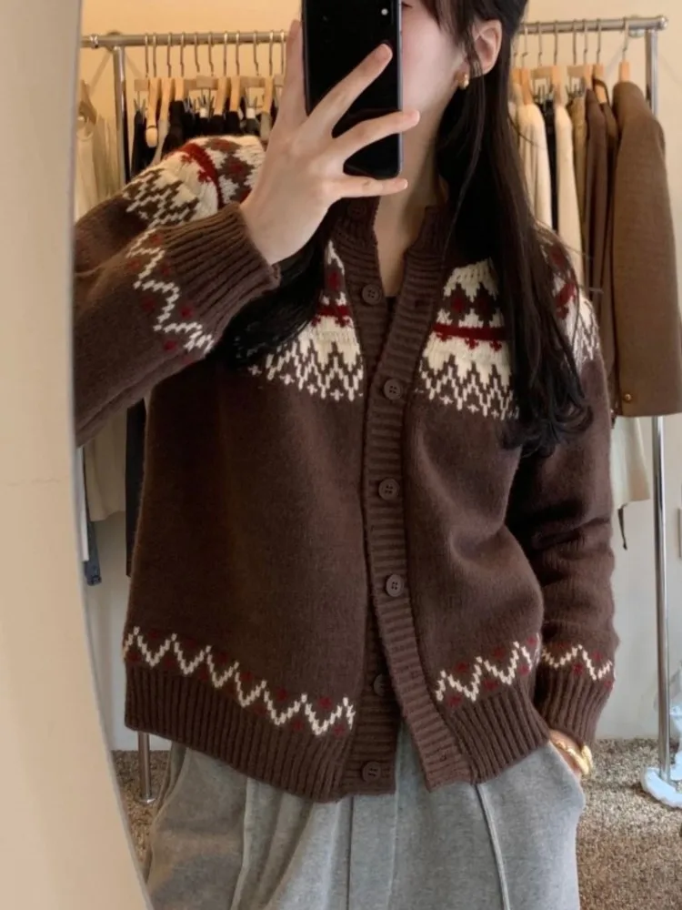 Knitted Autumn V-Neck Cardigan Women Geometric Print Fashion Casual Ladies Cropped Cardigans Korean Loose Woman Sweater Coats