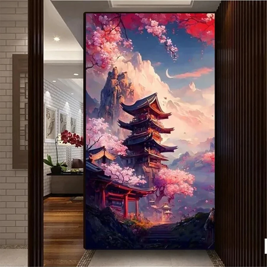 Yggdrasil Cherry Blossom Tree diamond mosaic Japanese temples DIY Diamond Painting New Full Fuji Mountain Pavilion Scenery decor